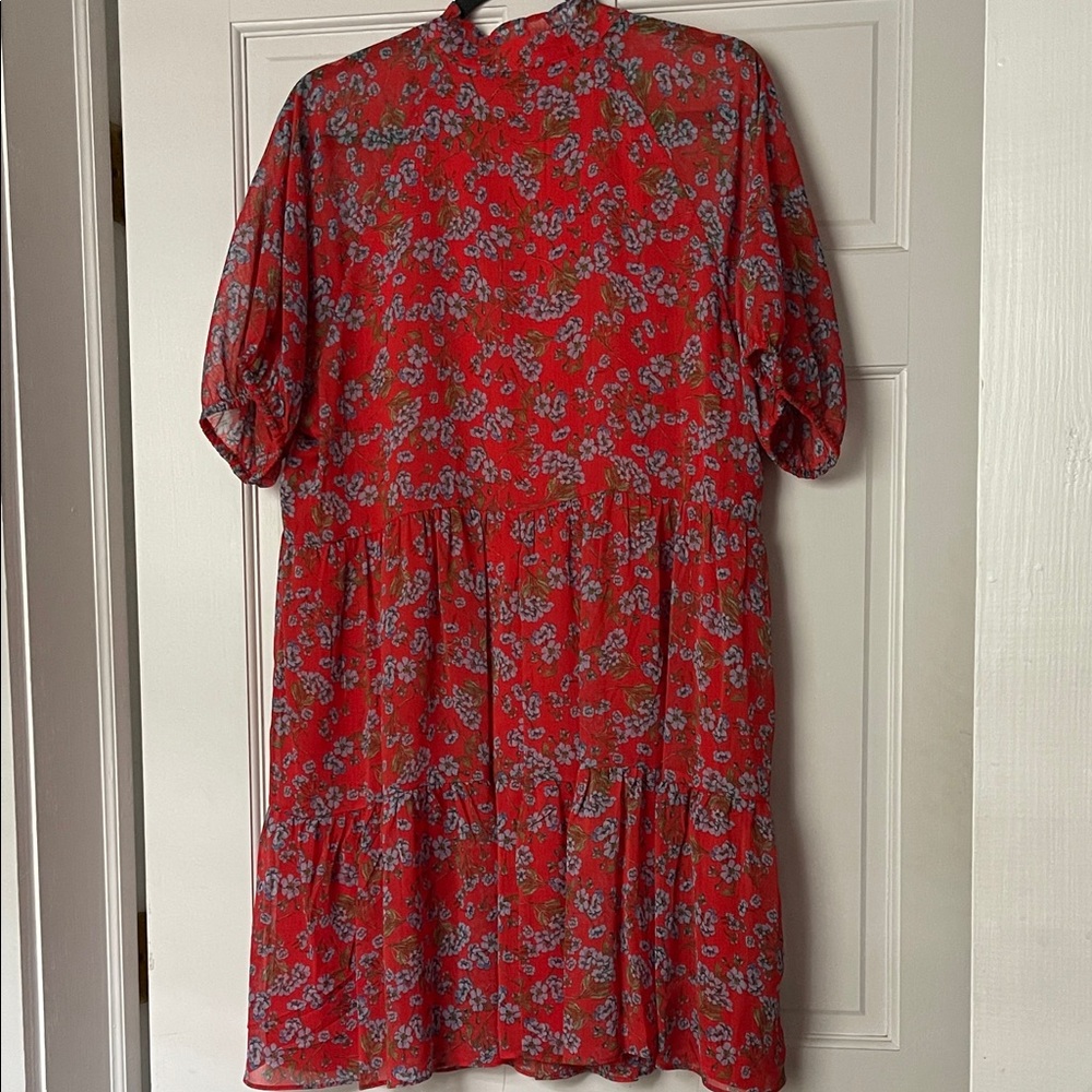 Cece Red Floral Patterned Babydoll Split Neck Dre… - image 5